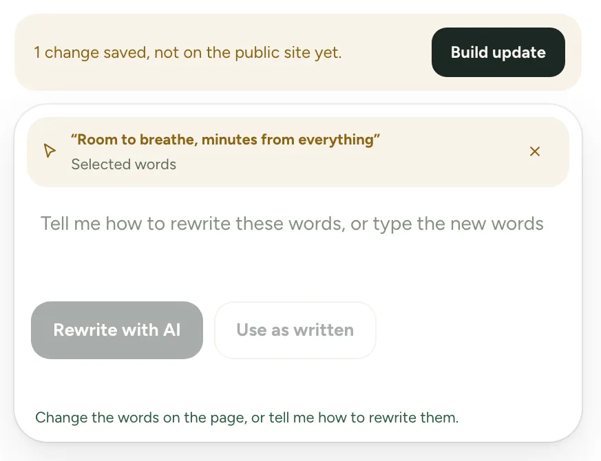 The editor's request panel holding the selected words and asking how to rewrite them