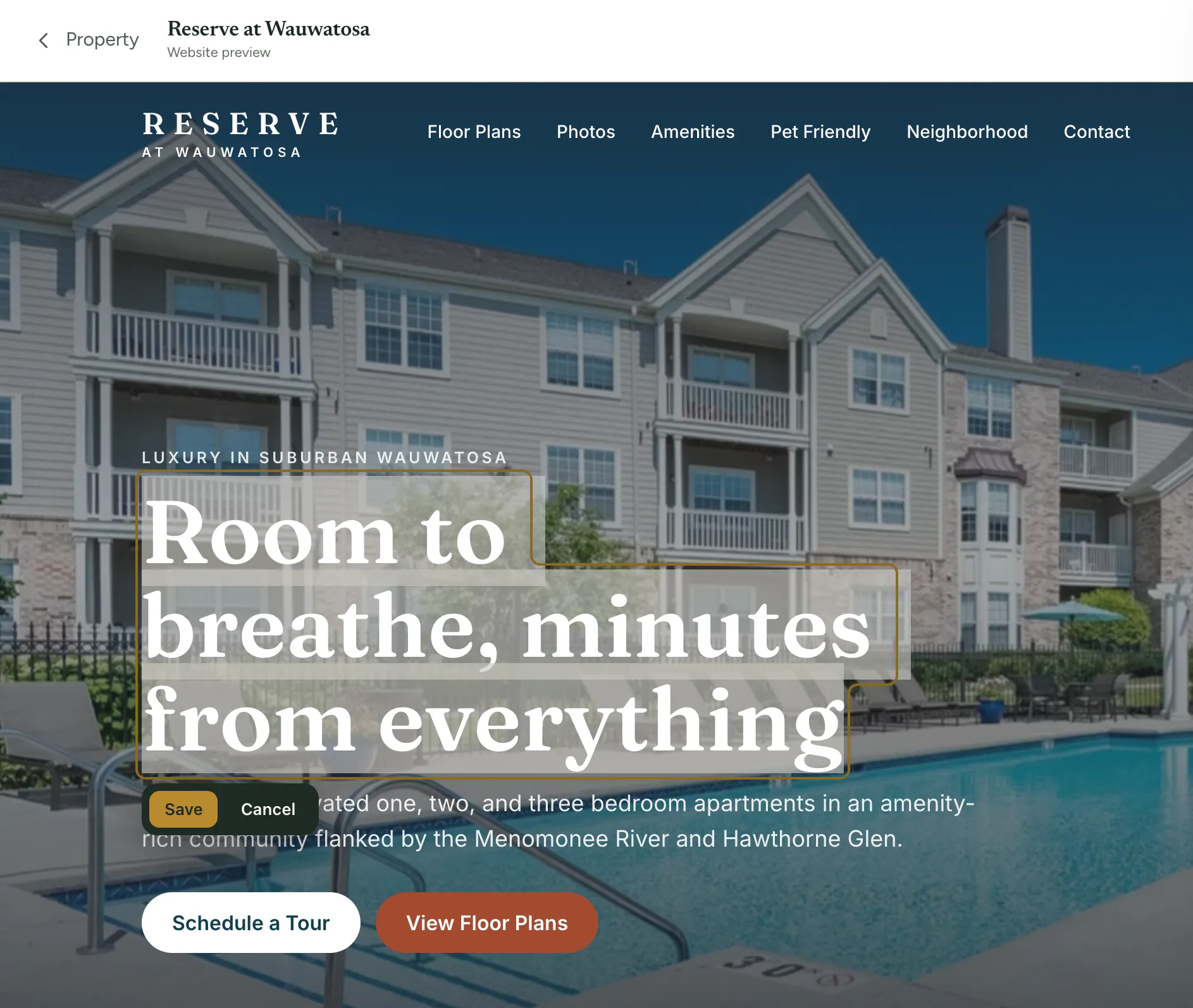 The Multisites editor with the headline on a live community site selected, Save and Cancel shown on the page