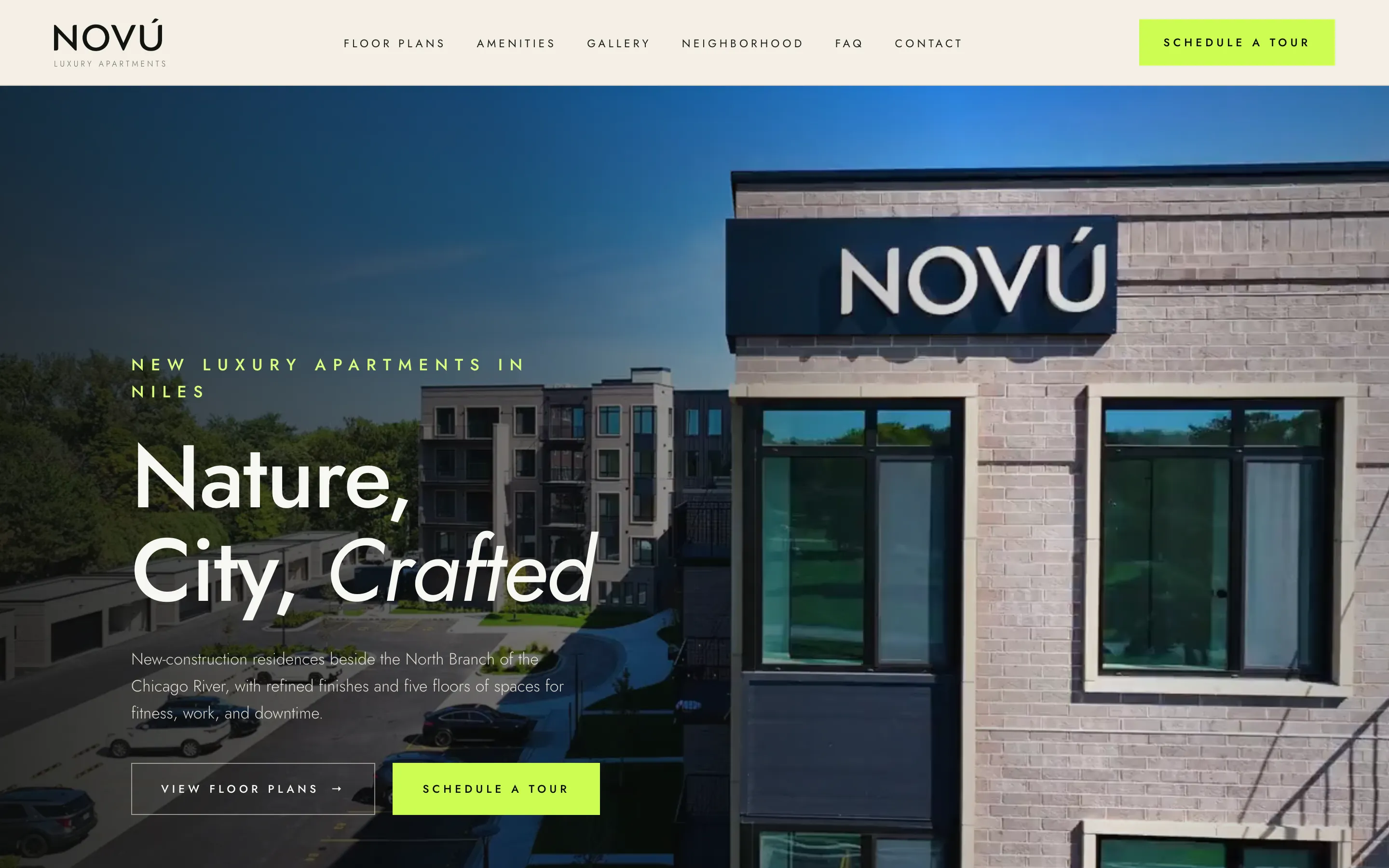 The Novú Luxury Apartments homepage, rebuilt by Multisites, as a renter sees it