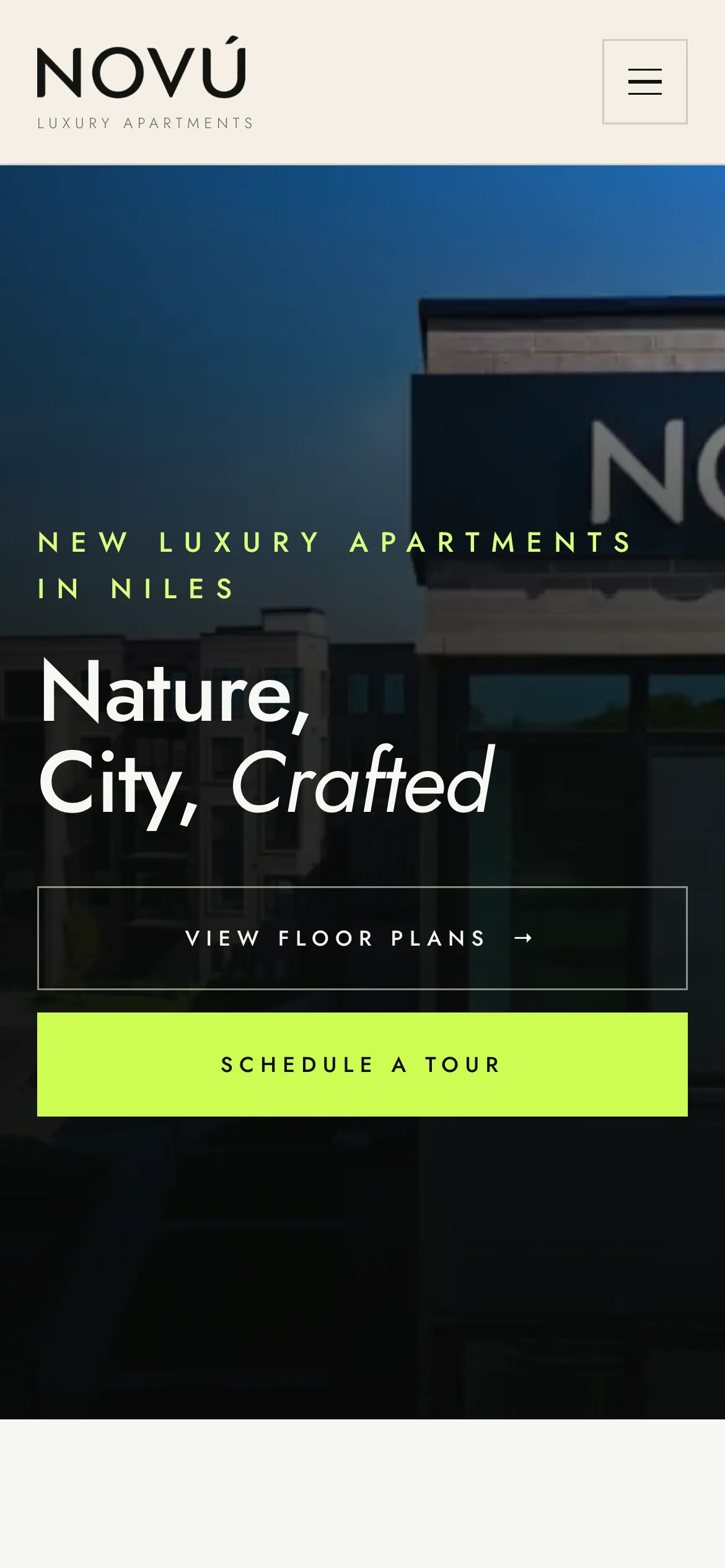 The rebuilt Novú homepage on a phone