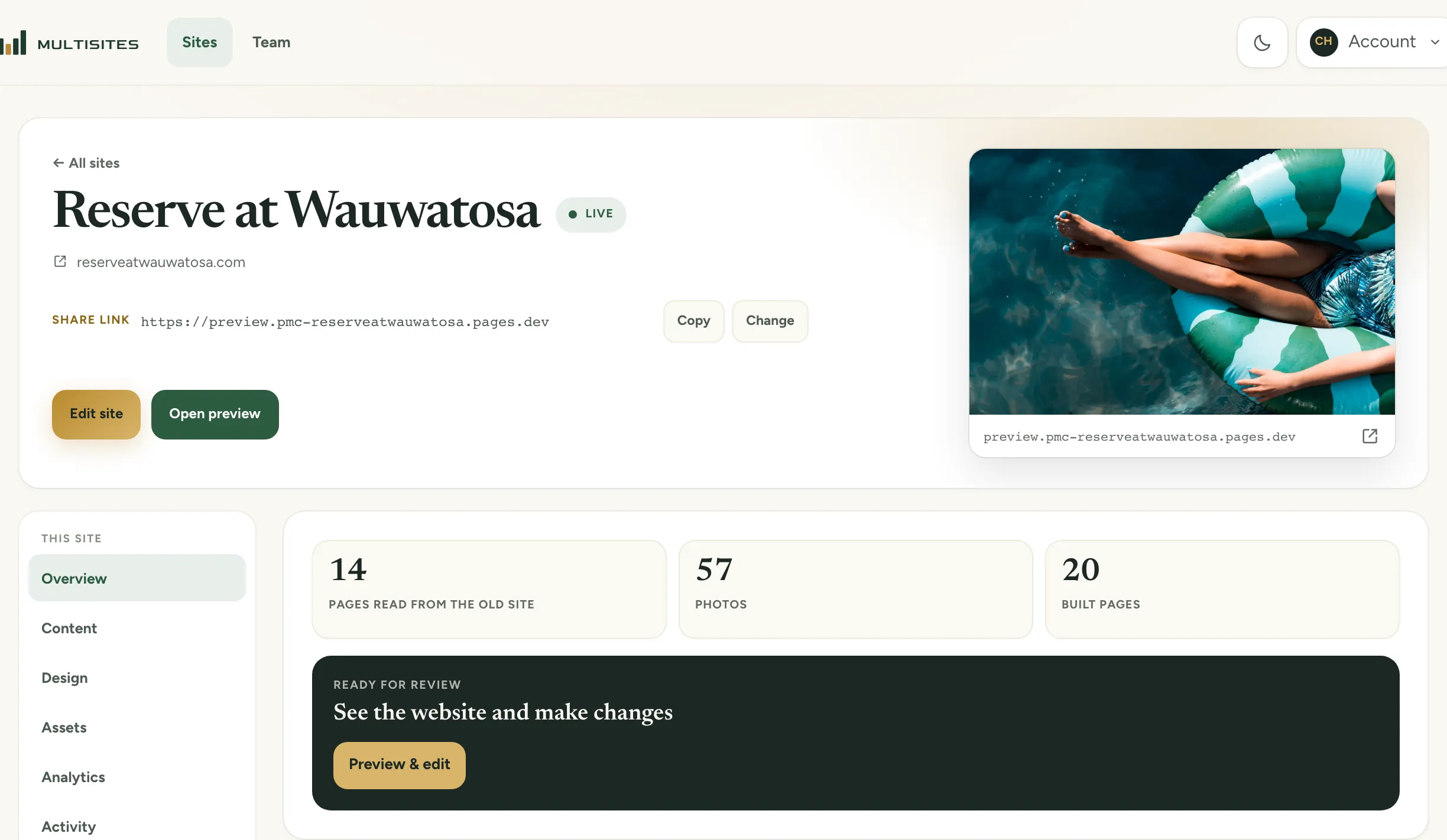 The site's overview in the Multisites workspace: live status, share link, 14 pages read, 57 photos, 20 built pages